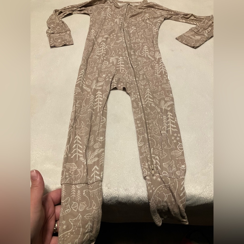 Butterscotch Babies Bamboo Tan One Piece Pajamas with Forest/Woodland Print